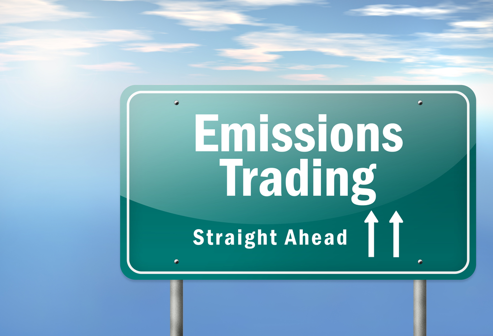 A CGI generated road sign saying "Emissions Trading"